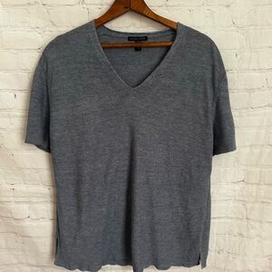 Eileen Fisher blue linen v neck knit short sleeve top Size Large